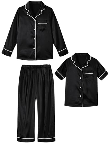 ALISISTER Conjunto de Pijama de Seda para niños 3 Piezas Pijamas de Manga Larga y Manga Corta Niño Niña con Botones de Seda Negro 5-6 años