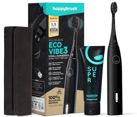 happybrush® Schallzahnbürste Eco Vibe 3 - TESTSIEGER 2024-100 Tage testen - Elektrische Zahnbürste mit 6 Wochen Akku - Ultraschall Zahnbürsten - Inkl. Travelcase & Zahnpasta - Allblack