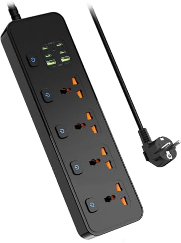 Regleta Enchufes, enchufes universales de 4 vías con 4 Puertos USB-C y 2 Puertos USB, Interruptor Individual de 3250 W, Cable de extensión de 1,8 m con Tiras de alimentación protegidas, Negro