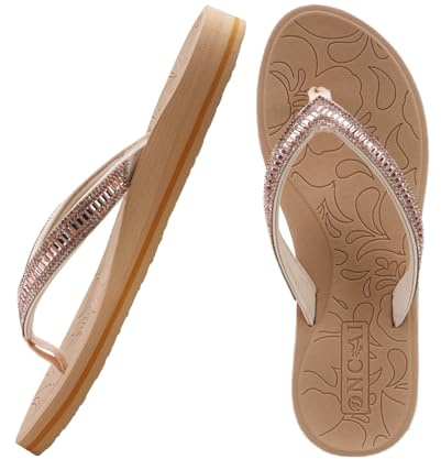 ONCAI Tongs femmes avec strass soutien de la voûte plantaire Yoga Mat Confort Mode 2025 Eté Plage Thong Sandals avec Orthopédique Antidérapante Semelles en caoutchouc Beige Taille 39