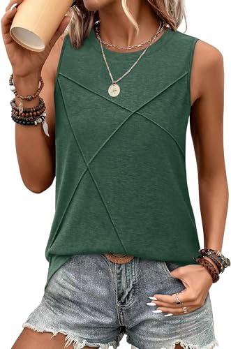 WIHOLL Tops for Women Trendy 2026 Summer Long Tank Tops for Leggings Fashion Clothing Spring Break Outfits Sleeveless Shirts Crewneck Loose Fit Green L