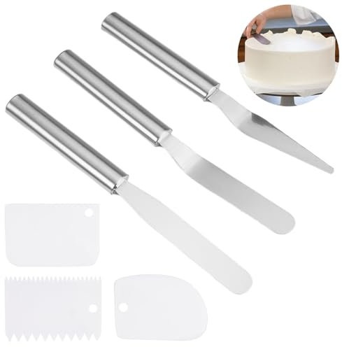 Winkelpalette Edelstahl Set, 3 Stück Winkelpalette Torte Kuchenmesser mit 3 Plastik Tortenschaber, Torten Winkelpalette Klein, Streichpaletten Tortenspachtel für Backen und Kuchen Dekorieren(Silber)