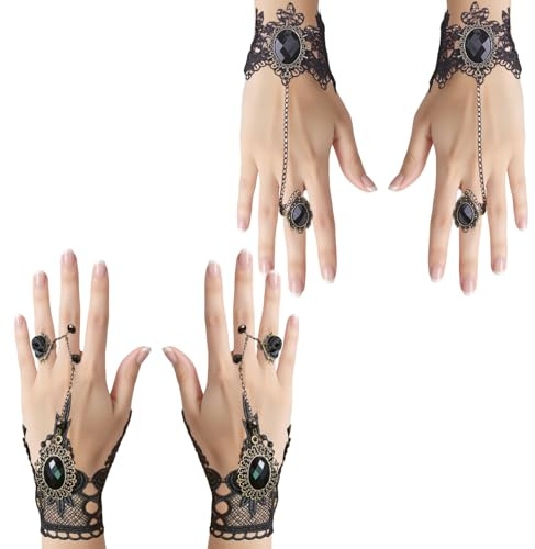 GWAWG Pack de 4 Gants Gothiques, Gants sans Doigts en Dentelle, Manches Noires pour Carnaval, Halloween, Fête Thématique