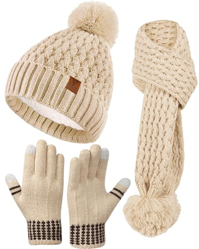 Kids Winter Hat Gloves Scarf Set, Girls Boys Toddler Winter Hat Beanie Pom Knitted Scarves Mittens Fleece Lined Age 5-12