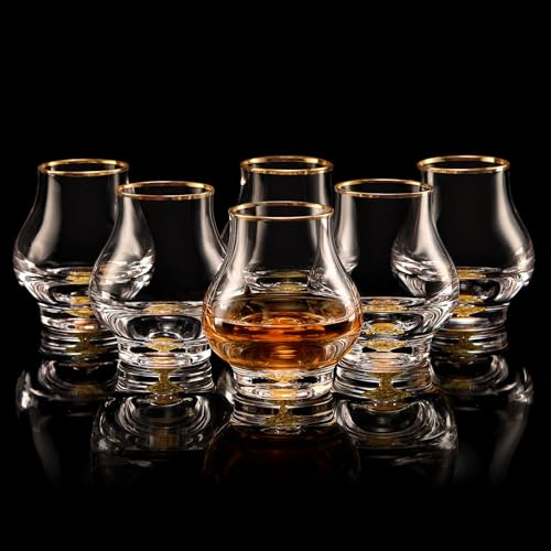 DUJUST 【Nuevo diseño 2025 Elegante juego de 6 copas de balón curvilíneas (205 ml), copas de whisky de cristal con de oro de 24 quilates, cop de lujo para brandy/Bourbon/tequila, sin BPA ni plomo