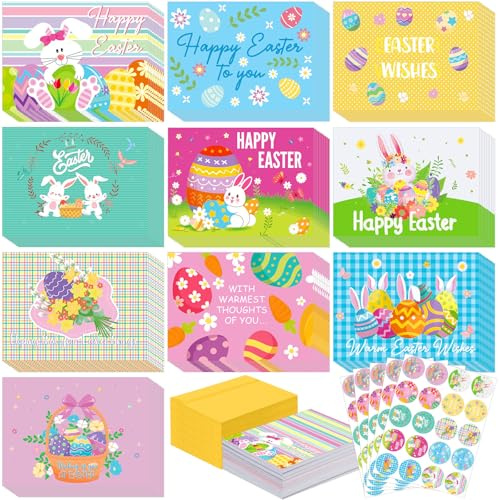 Yeaqee 100 Pack Easter Cards Bulk with Envelopes and Stickers Easter Bunny Eggs Greeting Cards Folded Designs for Holiday Party Supply Gifts