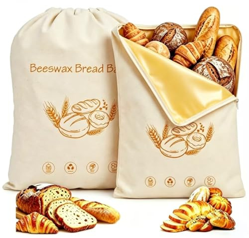 Bolsas de pan reutilizables de cera de abejas con cremallera - Bolsas de algodón recubiertas de cera de abeja natural con cremallera para pan, productos horneados, frutas y verduras