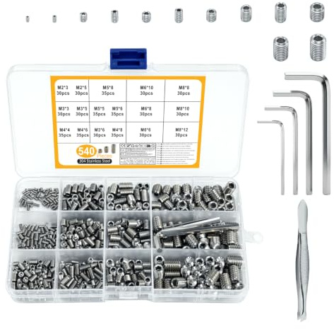 540 Pcs Tornillos de Prisioneros M2 M3 M4 M5 M6 M8, Plata | Tornillos Sin Cabezas de Cabeza Hexagonal de Acero Inoxidable, tTornillos Roscados Métricos para Manijas de Puertas Grifos