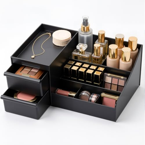 Organizador de Maquillaje Negro, Organizador Perfumes con Cajones y Compartimentos para Cosméticos y Skincare, Organizador Tocador para Habitaciones, Baños y Mesitas de Noche (28 x 17 x 12,3 cm)