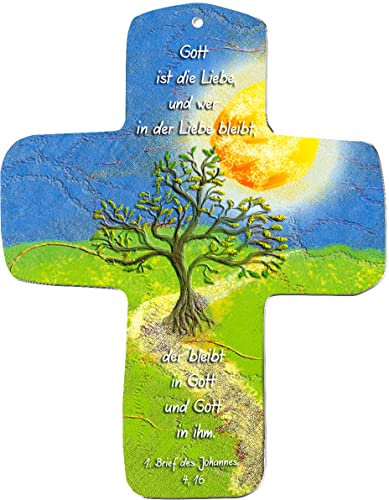 metALUm Kleines Holzkreuz zum Aufhängen aus umweltfreundlichem Holz, Motiv: Lebensbaum, Zur Kommunion, Konfirmation und Taufe