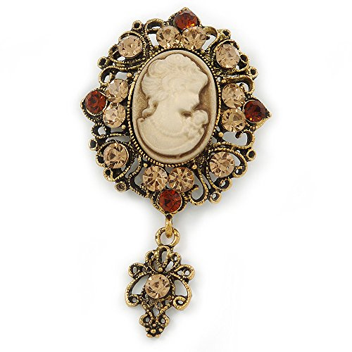 Cammeo in cristallo color ambra/champagne di ispirazione vintage con spilla in bronzo – 65 mm L, Misura unica, Nessun tipo di metallo, Diamante