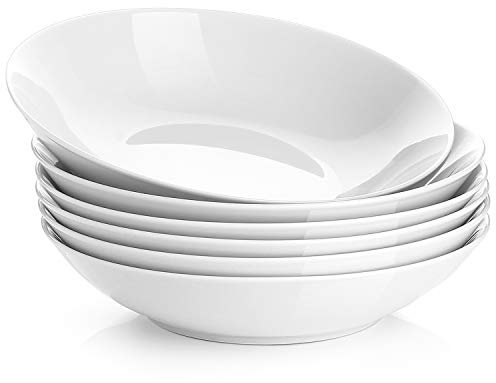 Y YHY Assiettes Creuses, 650ml Porcelaine Bols à Pâtes, Bol à Salade, Grand Bol de Service pour la Maison et le Restaurant, Large et Plat, 20,3 x 3,8cm, Lot de 6, Blanc
