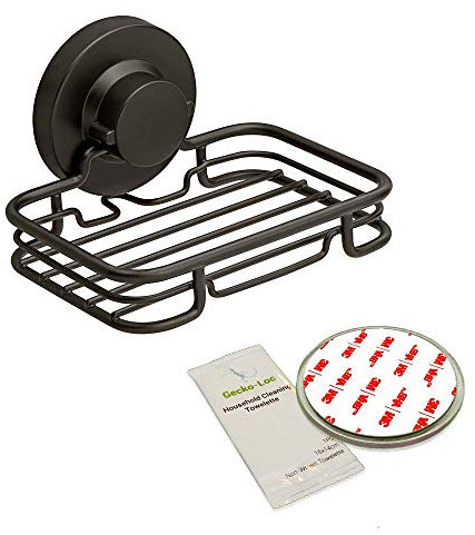 Gecko-Loc Soap Dish Suction mounting Bath soap bar Holder for Bathroom, Metal Bath Shower Bathtub wall Tile or Kitchen Sink soap or Sponge Dishes - Black