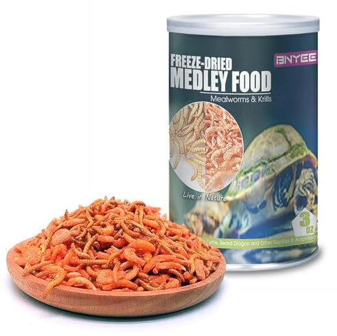 BNYEE Aquatic Turtle Medley Food - Freeze Dried Shrimp & Mealworms for Aquatic Turtle, Beard Dragon and Other Reptiles & Amphibians