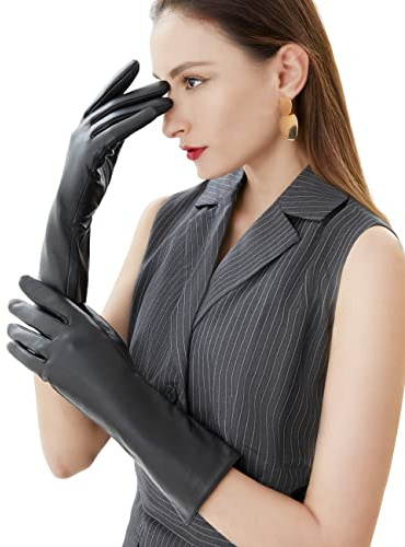 VIKIDEER Long Genuine Leather Gloves for Women Full Touchscreen Winter Warm Lined Elegant Type Little Bigger Black Meduim-12.7