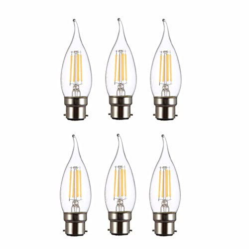 TEKLED® Lot de 6 ampoules LED vintage à filament C35 | Culot à baïonnette B22 | Ampoule à économie d'énergie 4 W équivalente à 40 W | Non compatible avec variateur d'intensité 2700 K 470 lm | Blanc