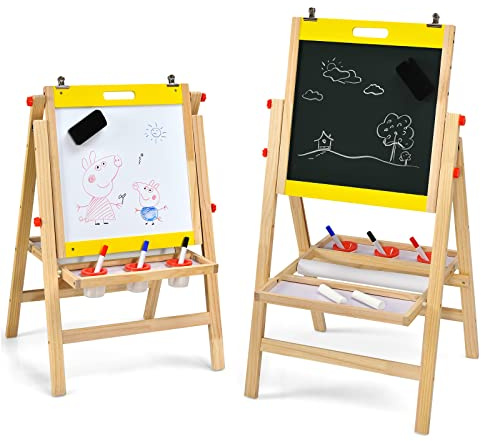 COSTWAY 3 in 1 Lavagna Magnetica per Bambini, Cavalletto da Pittura Pieghevole con Accessori, Altezza Regolabile e Bifacciale, con Vassoio, 50,5x53,5x79-104cm (Giallo)
