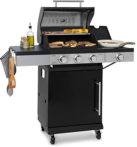 Klarstein Barbacoa de Gas con Grill, BBQ 4 Quemadores Gas y Parrilla de Acero Inoxidable, Sirve para Gas Propano y Butano, Incluye Termostato para Controlar Temperatura, BBQ Gas Jardin