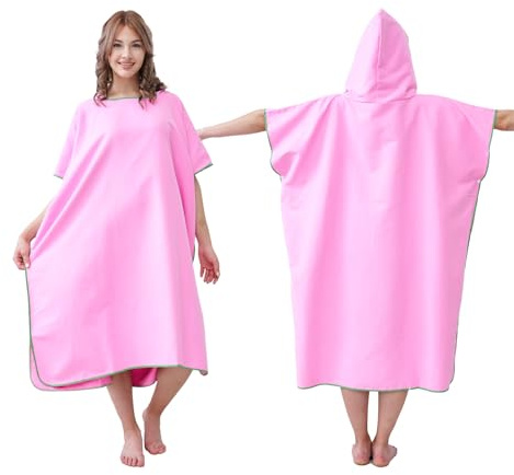 jooeer Poncho da Bagno Microfibra per Adulti Donne Uomini, Telo Mare per il Cambio con Cappuccio Poncho da Surf per Campeggio Viaggio Surf Piscina Bagno, Rosa