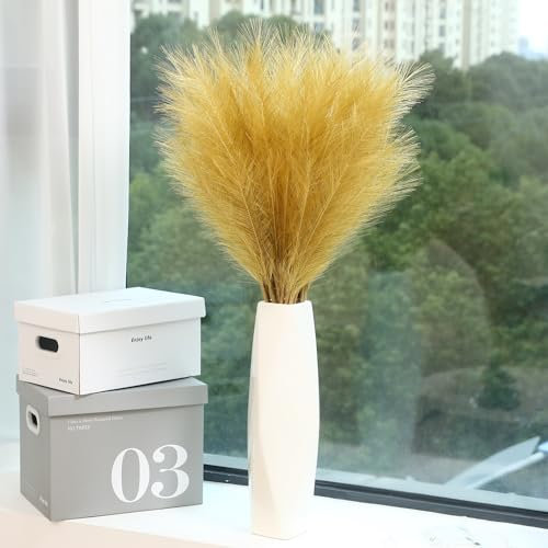 Wertuirk 9 Stems Gold Pampas Grass, 38 Inch Tall Faux Pompous Grass Decor