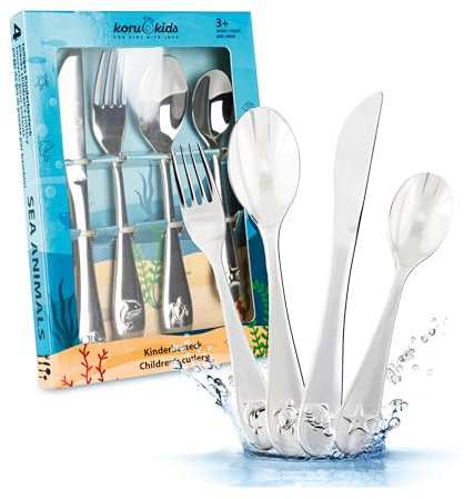 Koru Kids® Kinderbesteck Sea Animals – 4-teiliges Set – Kinderbesteck Edelstahl – Kinder Besteckset - Kinder Essbesteck - spülmaschinengeeignet – Kinder Besteck ab 3 Jahre