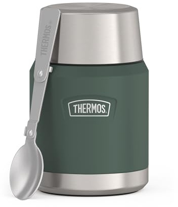 Thermos ICON Food Jar 0,47 l, grön matt/skog, matbehållare för mat 470 ml, dubbelväggigt 18/8 rostfritt stål, håller dig varm och kall, med vikbar sked, halkfritt golv, absolut tät