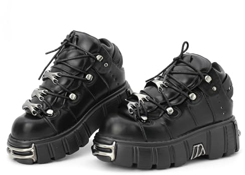Kluolandi Women's Metal Platform Goth Boots Punk Style Lace-up Combat Boots Ankle Bootie Black Gothic Biker Boots Size 10