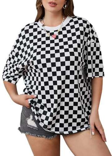 SOLY HUX Women's Plus Size Checkered Printed T-Shirts Short Sleeve Crewneck Loose Tee Tops White and Black 3X-Large Plus