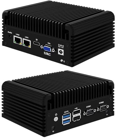 SJRC Low Power Mini PC Celeron N2840, Fanless Industrial Computer with Dual COM RS232, 2 x RJ45 Gigabit LAN Micro Desktop Computer with HD, VGA, WiFi5/BT4.2, Barebone (No RAM/SSD)