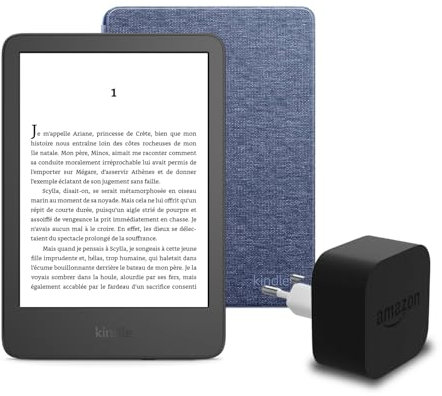Den neuen Kindle (2024 Release) 16 GB mit Werbung, eine Amazon-Stoffhülle und ein Amazon Powerfast 9-W-Netzteil.