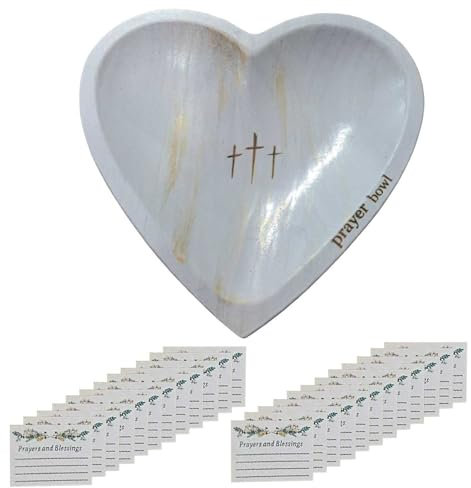Bodhi2000 Set regalo con ciotola in legno naturale, a forma di cuore, per preghiera e preghiera, realizzato a mano, con biglietti, impasto religioso, per Pasqua, Natale, Ringraziamento, colore bianco