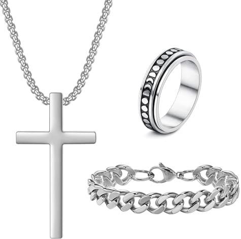 XSDSLS 3 PCS Men's Jewellery Set Stainless Steel Cross Pendant Necklace Cuban Chain Bracelet Spinner Ring Cross Necklace with Box Chain Birthday Gifts for Men Boys (Silver)