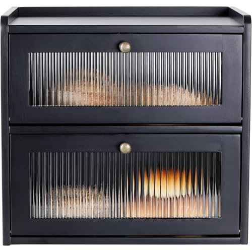 Lnopever Paneras Para Guardar El Pan Caja Grande De Madera Maciza Doble Panera Madera Para Guardar ReposteríA Con Puerta AcríLica MagnéTica Bread Bin (Negro)