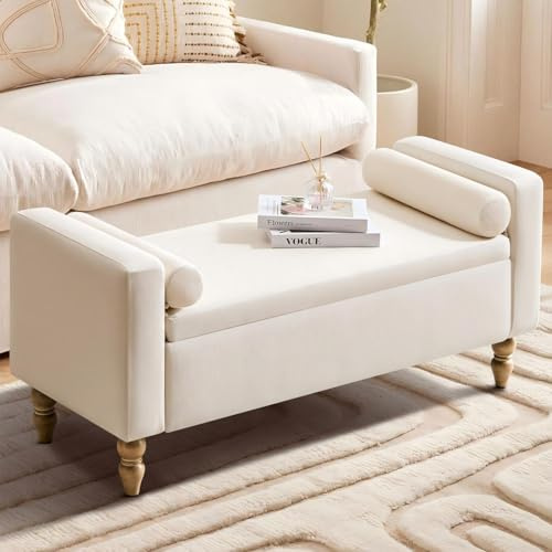 Hellove Grand Banc De Rangement avec Coussin, 116 Cm, en Lin Rembourré, avec Pieds en Bois Massif, Banc à Chaussures, Coffre De Rangement pour Chambre à Coucher, Salon, Couloir (Beige)