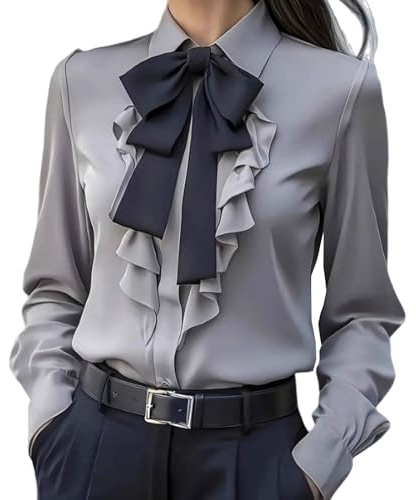 HAOLEI Satin Shirts for Women UK 2025, Ladies Satin Silk Blouses Elegant Bow Tie Neck Vintage Long Sleeve Shirts Going Out Solid Color Casual Smart Business Work Office Tops Gray