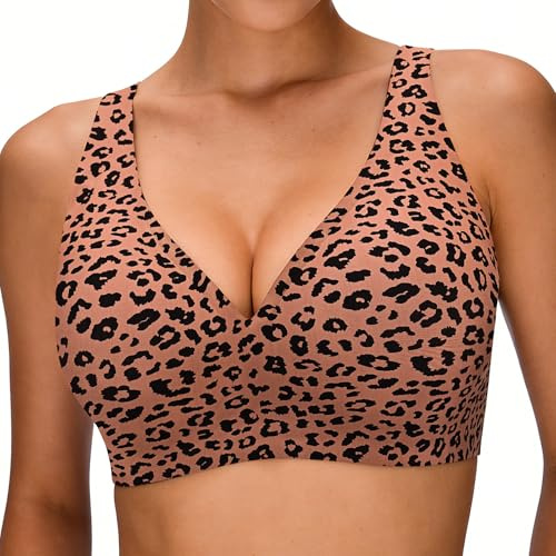 GDDDYWWJ Seamless Jelly Bra,Full Cup Leopard Print Bra Comfort Sleep Jelly Push Up Bra Seamless No Under Wireless Bras for Women UK Everyday T Shirt Bras