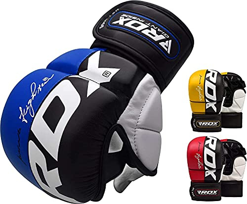 RDX Maya Hide Leather Grappling MMA Gloves Cage UFC Fighting Sparring Glove Training T6,Blue,Large