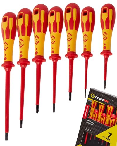 C.K Dextro VDE Set of 7 Screwdrivers SLP & PH, Slotted Parallel Phillips Head PH0 PH1 PH2 SL, Electricians Insulated Flat Head Philips Screwdriver Sets, Electrical Terminal Screw Driver, Tools T49192D