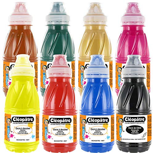 Cléopâtre Set di 7 Disegno Colorati + 1 Inchiostro Cinese, 8 Colori, flaconi, Multicolore, Format 250 ml