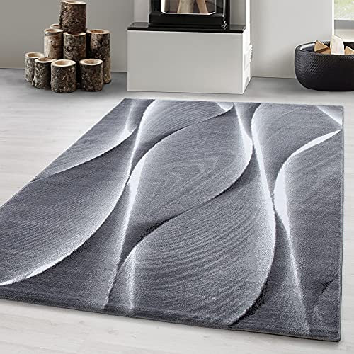 Carpetsale24 Teppich Läufer 80x150 cm Grau Modern Holz Optik Wellen Design Kurzflor für Wohnzimmer Schlafzimmer Esszimmer Küche Flur Jugendzimmer Waschbar Pflegeleicht Extra Weich