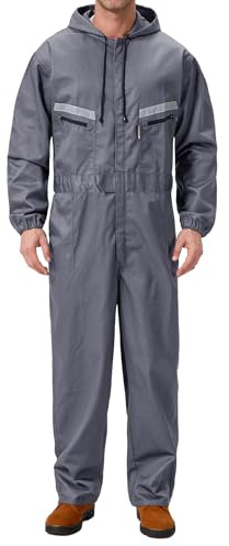 Yukirtiq Hombre Pantalones con Peto de Trabajo para jardín y Garaje, Encapuchado Mono de Trabajo Mecánico o Industria Cintas Reflectantes Resistente al Aceite para Mecánicos, Gris, M