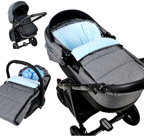 BABYLUX Fußsack 90cm MINKY Kinderwagen Buggy Babyschale Thermo +/ Muff Handmuff Winterfußsack (Grau + Blau)