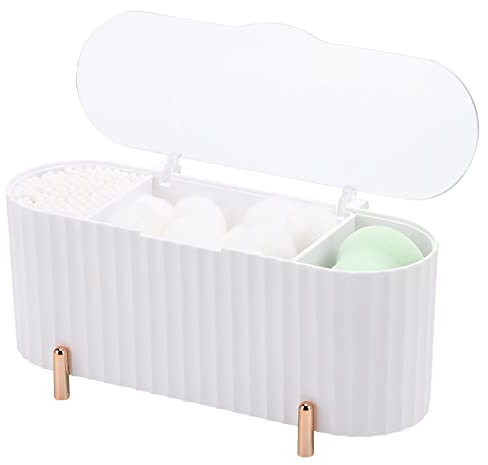 Tecbeauty Qtips Holder, 3 Grids Separate Cotton Swabs Ball Dispenser, Storage Box, Jar for Cotton Pads Bathroom Organizer Canisters - White