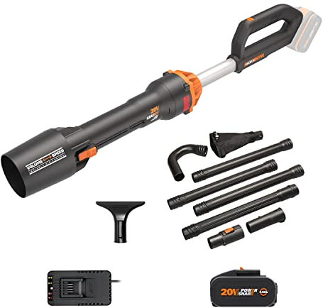 WORX NITRO 18V(20V MAX) Cordless Leaf Blower WG543E.1 Brushless Blower,Max.209km/h Air Speed, Max.696m³/h Air Flow,2-Speed Control, PowerShare, 1*4.0Ah Battery,1*2A Charger,W/GUTTERPRO Kit&Wide Nozzle