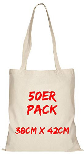 TEXXILLA Baumwolltasche - 50er Pack | Natur | mit Zwei Langen Henkeln | 38x42cm | Jutebeutel | Einkaufstasche | unbedruckt