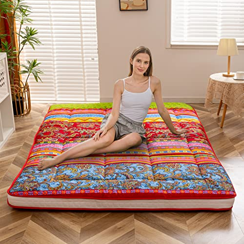 MAXYOYO Bohemisk futon/mattress i retrostil, japansk golvmatta med vintage-blommor, rullbar gästsäng, säng, bärbar campingsäng, tatami-matta (bohemisk A, 90 x 190 cm)