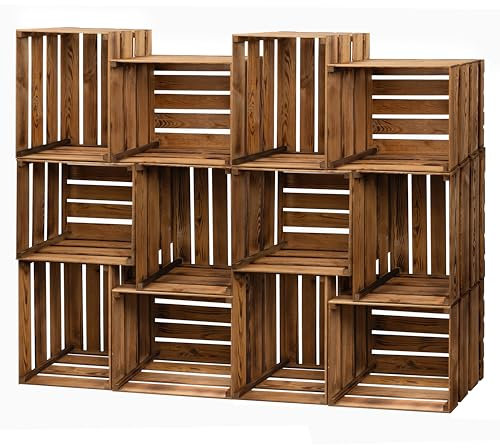 PINEEA Holzkisten Groß - Obstkisten Holz - Deko Weinkisten - 12 Stück Geflammt Vintage Holzbox 50x40x30