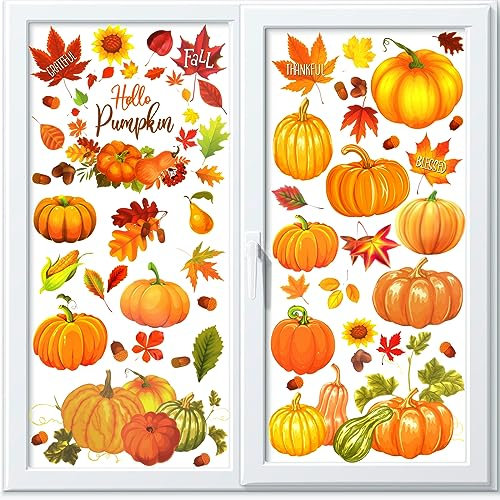HOWAF 9 Fensterbilder Herbst Pumpkin, Fensterbilder Herbst Kinder Herbstdeko Fenster Thanksgiving Kürbis Aufkleber Herbstblätter Sticker Herbst Fensterbilder Selbstklebend für Fensterdeko Herbst
