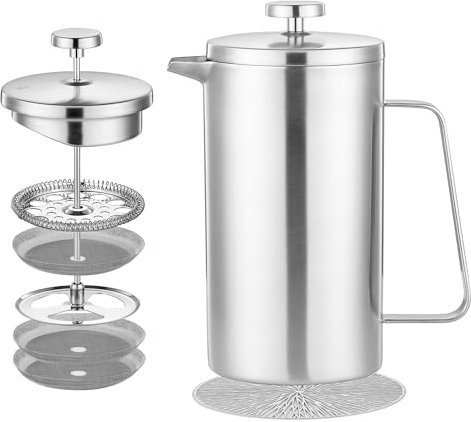 Misichao Cafetería pequeña Cafetiere de prensa francesa de 2 tazas, prensa de café aislada de acero inoxidable con sistema de filtración de 3 niveles, 3 filtros adicionales, 350 ml, color plateado