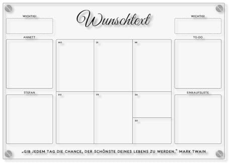 Personalisierter Acrylglas Wandkalender - Familien Wochenplaner abwischbar DIN A3, A2 oder A1 XXL wählbar inkl. Montagematerial und Edelstahl Abstandhalter, langlebig, klarer UV-Druck